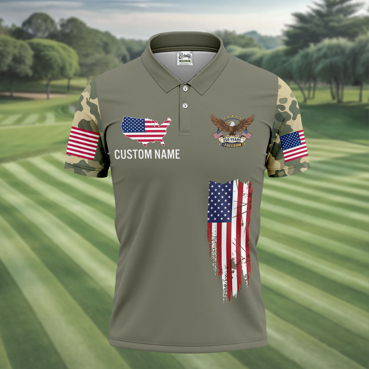 250 Years Freedom Eagle American Flag Camo Golf Shirt, Patriotic 4th Of July Golf Shirts For Men