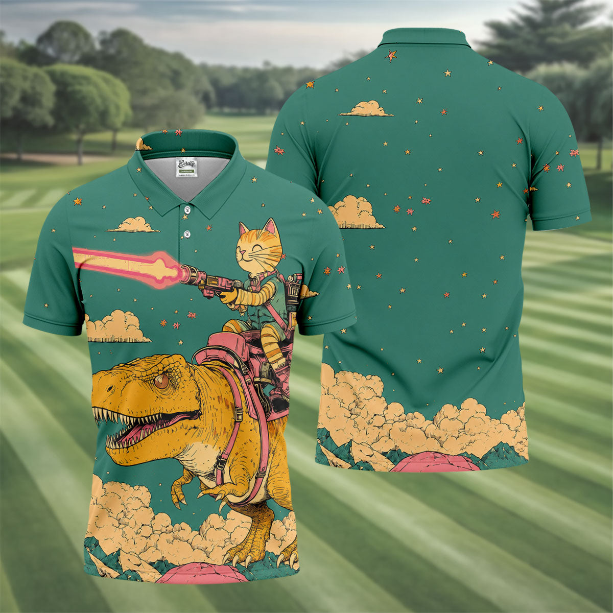 Laser Cat Dinosaur Golf Shirt, Retro Sci Fi T Rex Adventure Pattern, Golf Shirt For Men