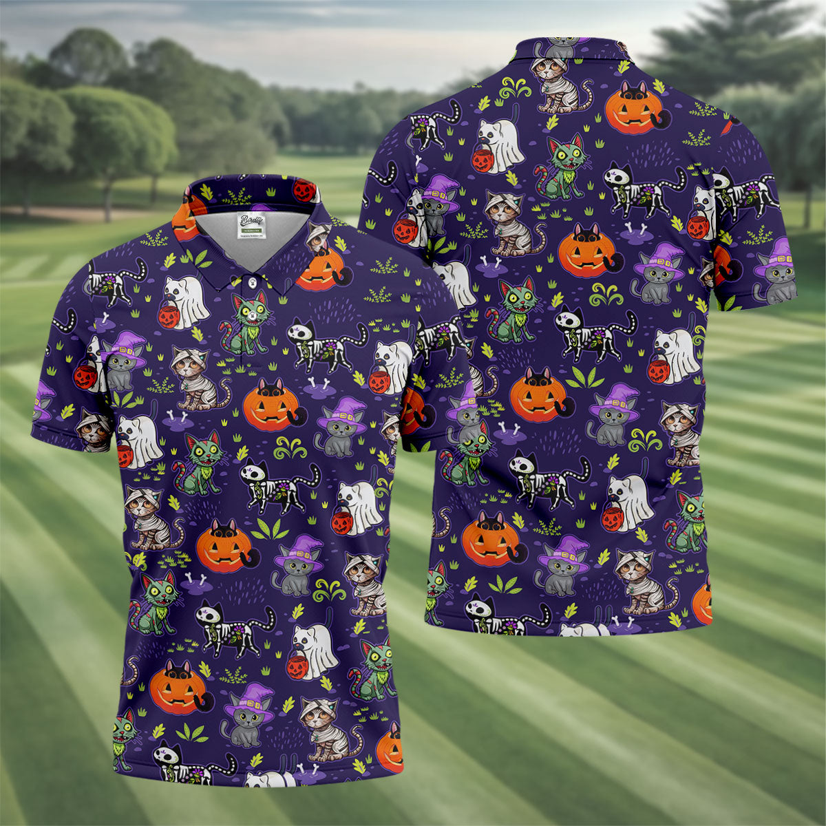 Purple Halloween Cats And Pumpkin Fun Men's Golf Polos, Cute Golf Outfit, Polo ShirtFor Men
