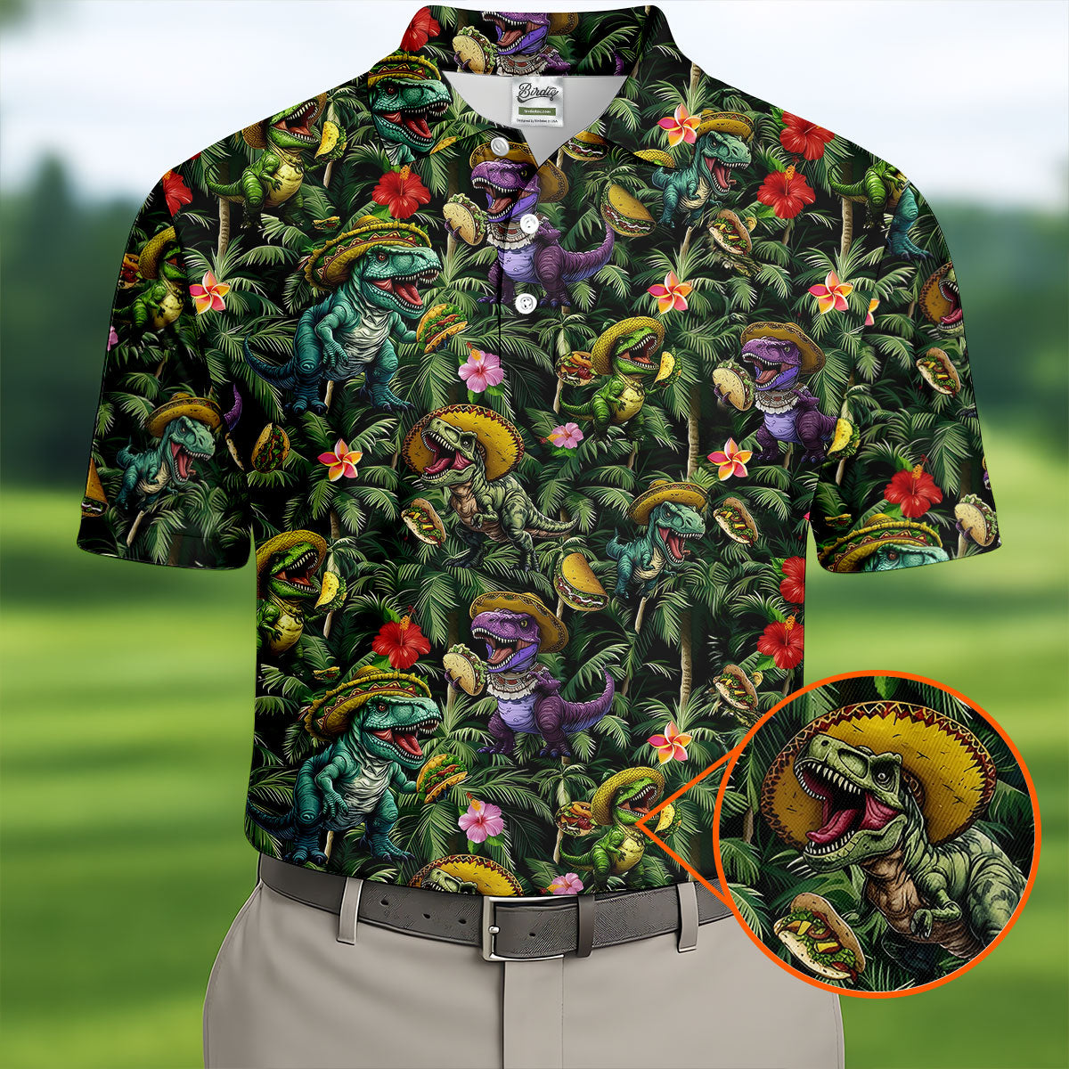 Hawaiian Dinosaur Sombreros Tacos Fun Golf Shirt, Cinco De Mayo Celebration Golf Shirts For Men