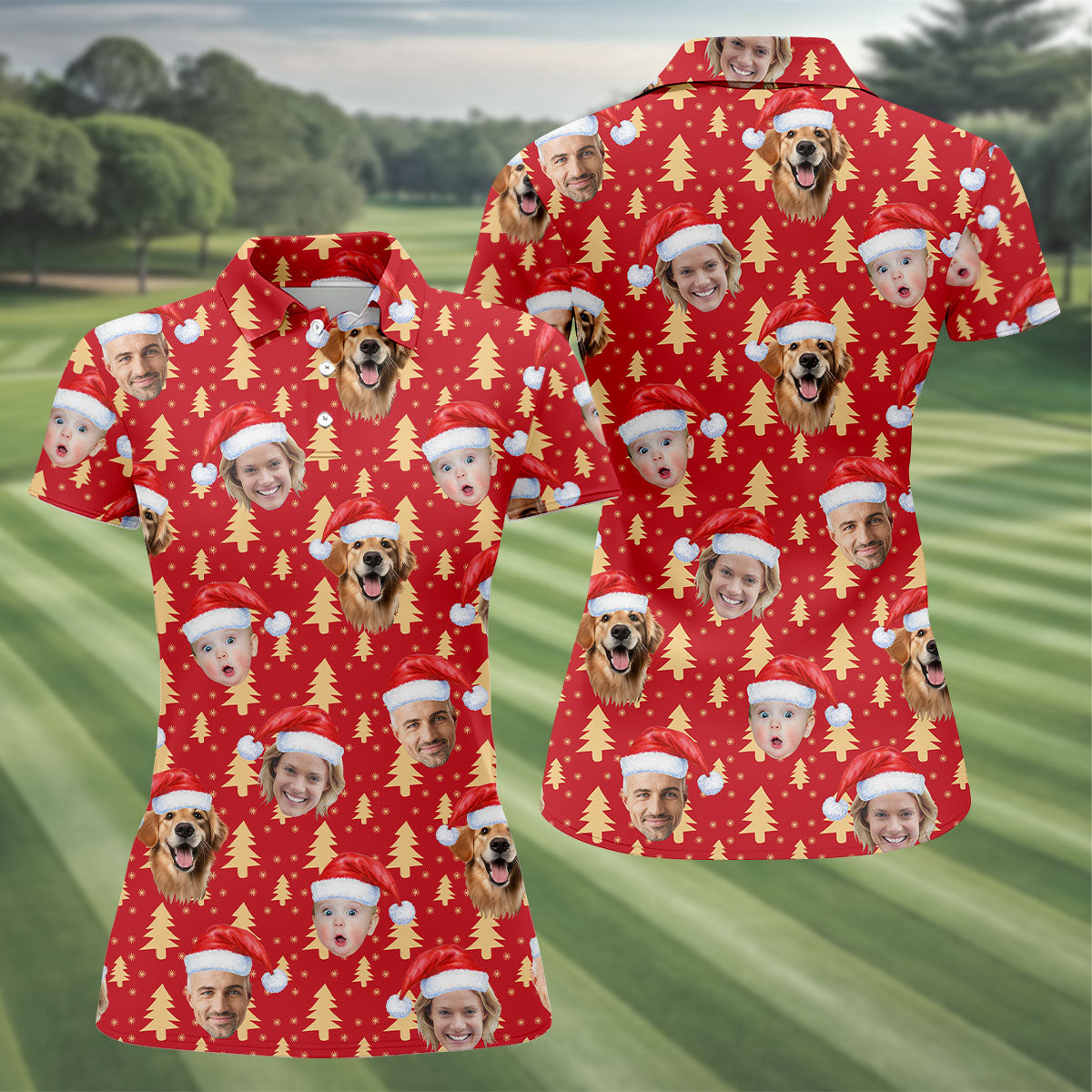 Custom Face Golden Pine Tree Red Golf Shirt, Christmas Golf Shirt, Ladies Golf Shirts, Golf Gifts For Women