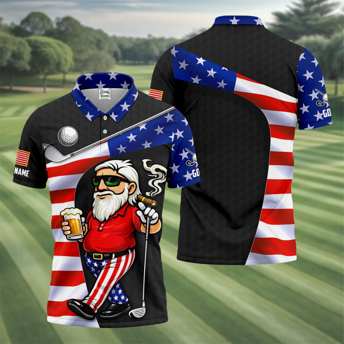 Golf And Beer Patriotic Man Golf Ball Pattern 4th Of July Black Golf Shirt, 250th Anniversary Golf Shirts For Men
