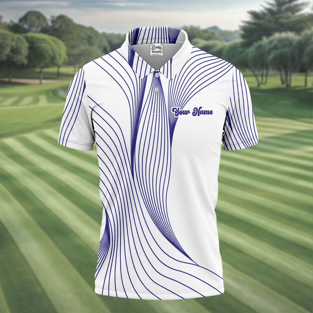 Geometric Line Wavy Line Purple And White Custom Name Golf Shirts For Men, Men's Golf Shirt, Polo ShirtFor Men