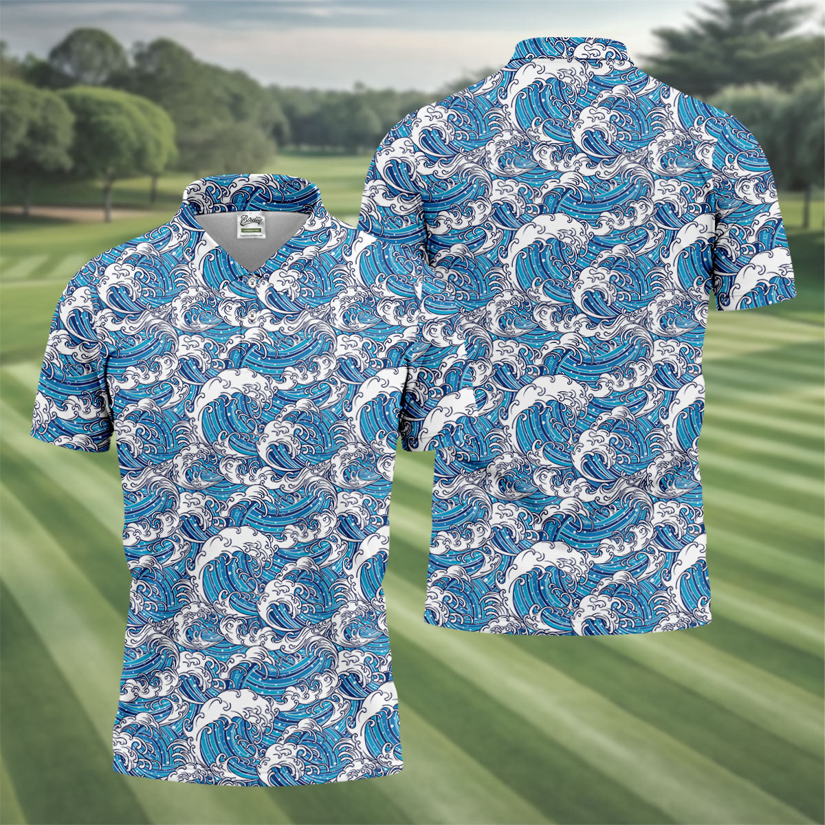 Blue Ocean Wave Pattern Golf Shirt, Hawaiian Golf Shirt, Mens Golf Shirts, Golf Apparel For Men