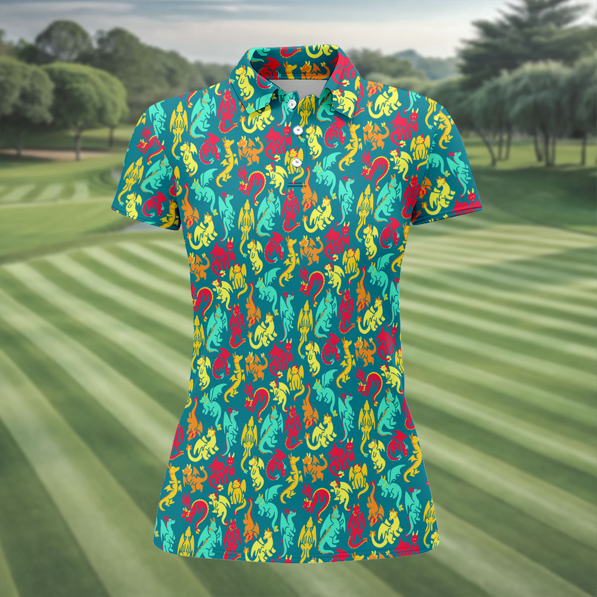 Cartoon Dragons Colorful Golf Shirt, Cute Golf Outfit, Women's Polo Shirt, Ladies Golf Shirts