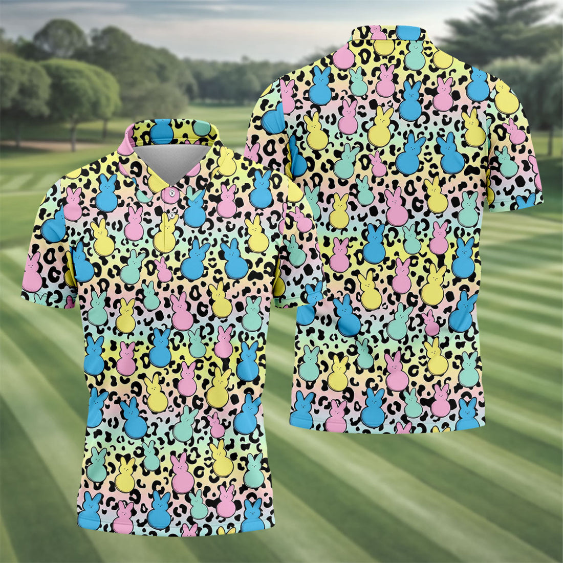 Pastel Easter Bunny Leopard Print Polo Shirt, Mens Golf Apparel, Hawaiian Golf Shirt, Printed Golf Shirts