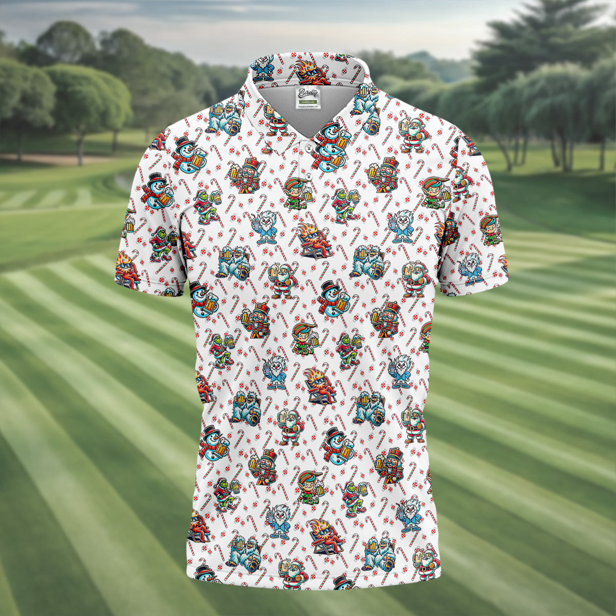 Christmas Character Beer Candy Cane Pattern Golf Tops For Men, Christmas Golf Shirt, Polo ShirtFor Men
