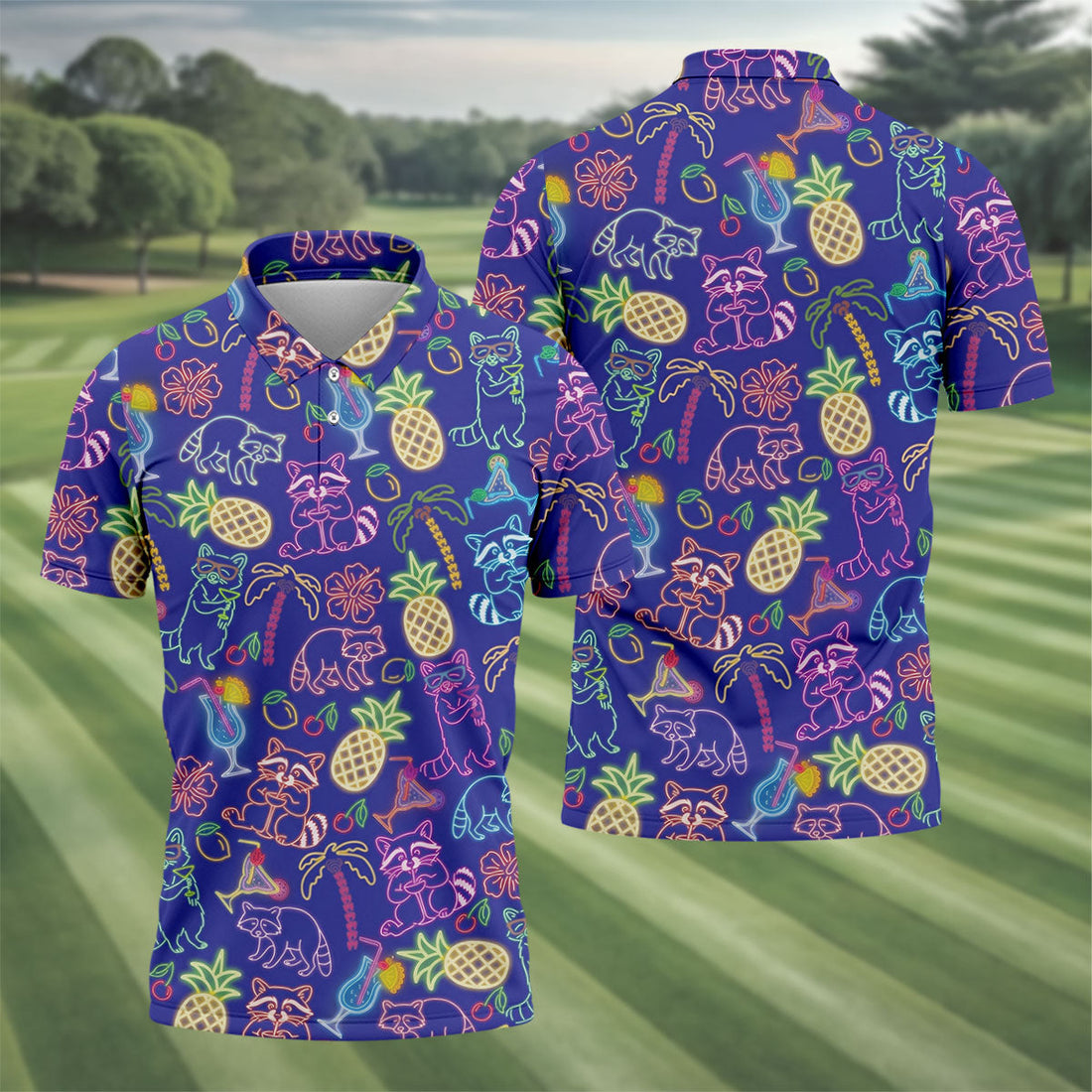 Neon Tropical Raccoon Cocktail Pattern Hawaiian Golf Shirt, Men's Golf Shirt, Polo Shirts For Men