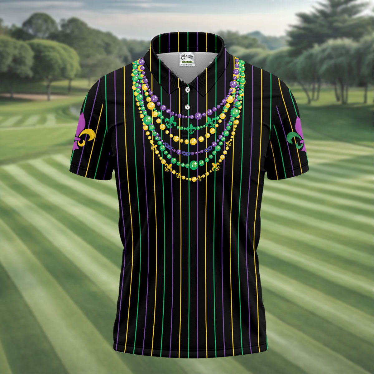 Mardi Gras Beads Necklaces Print Black Golf Shirt, Golf Tops For Men, Polo ShirtFor Men, Golf Shirts For Men