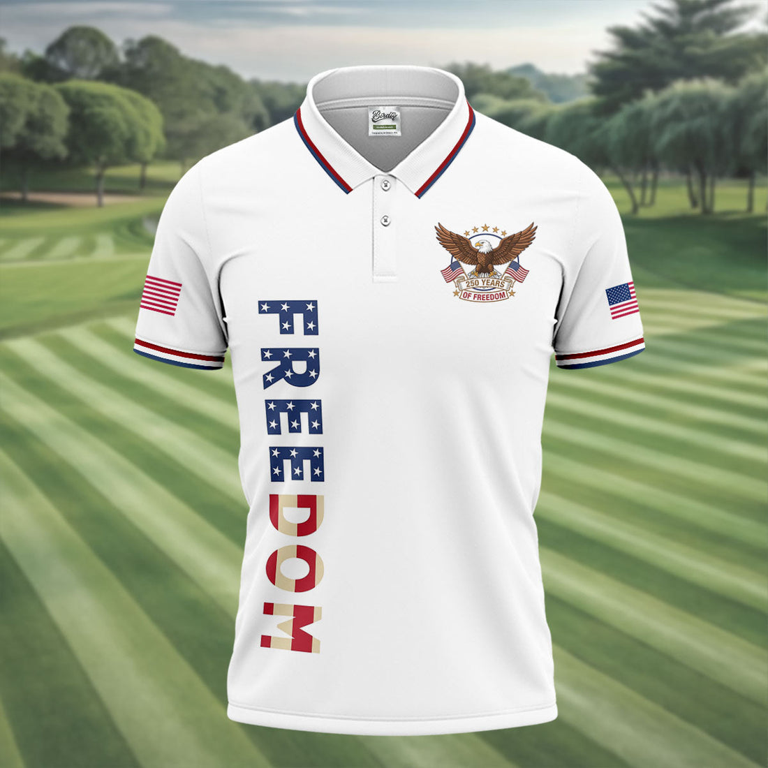 250 Years Of Freedom US Flag Logo White Golf Shirt, Patriotic 4th Of July Golf Shirts For Men