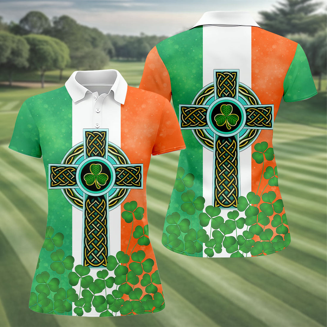 Celtic Cross Knotwork St Patrick's Day Shamrock Golf Shirt, Women's Golf Tops, Ladies Golf Shirts
