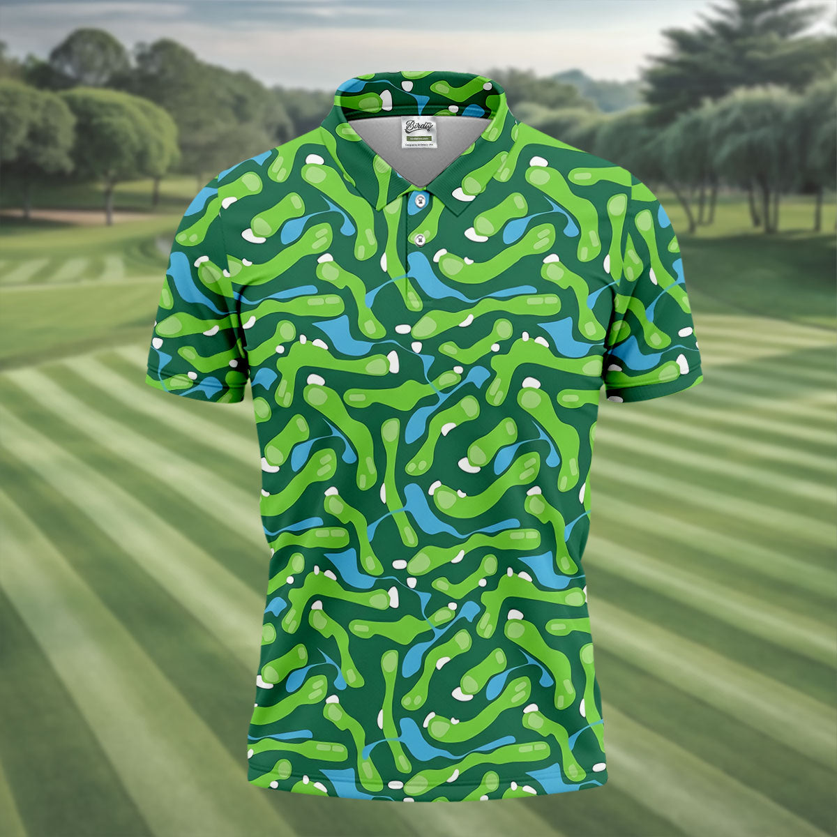 Golf Course Layout Golf Shirt, Fairway Water Hazard Pattern, Golf Shirt For Men