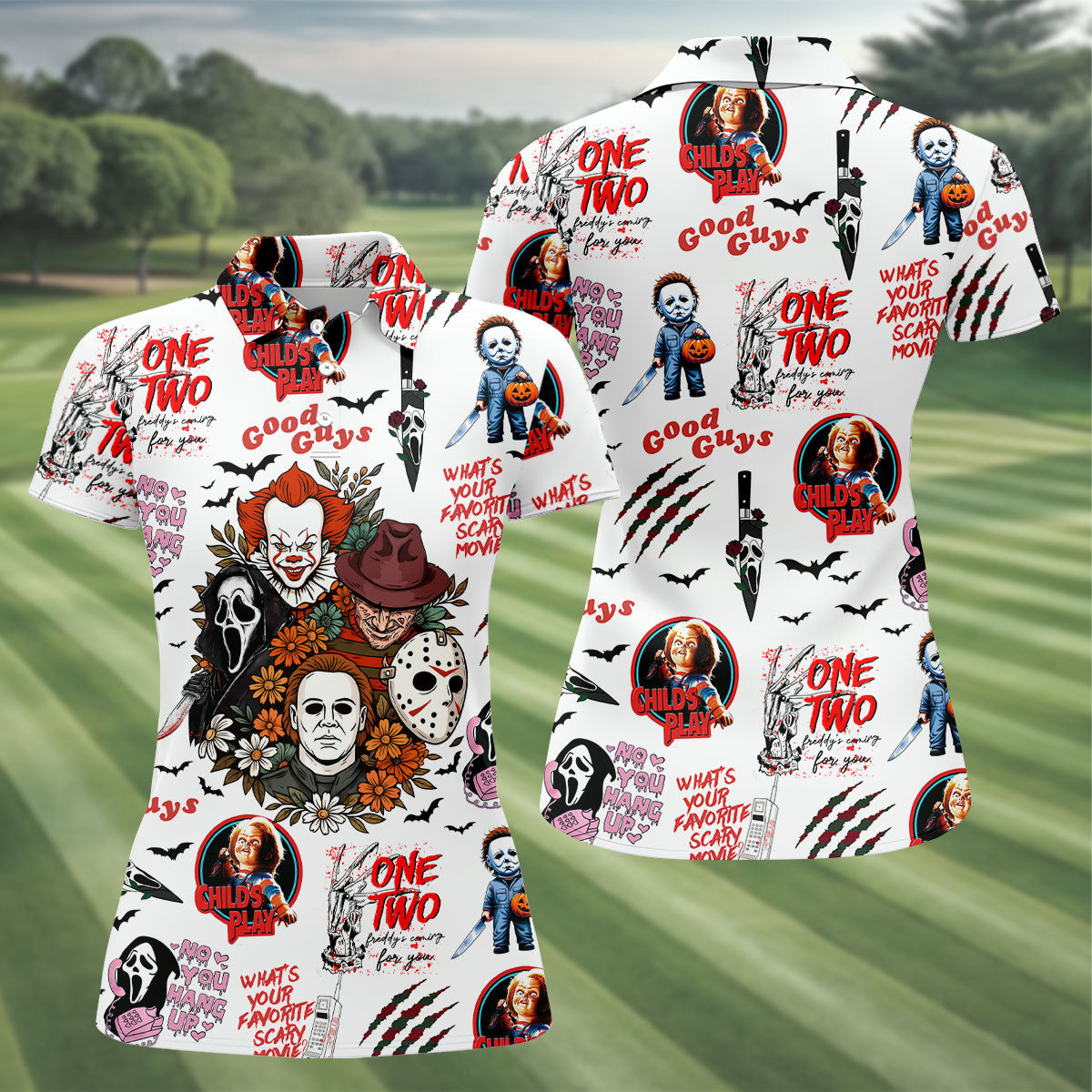 Horror Halloween Character Halloween Golf Shirt, Cool Golf Gift For Horror Fan, Women's Golf Tops