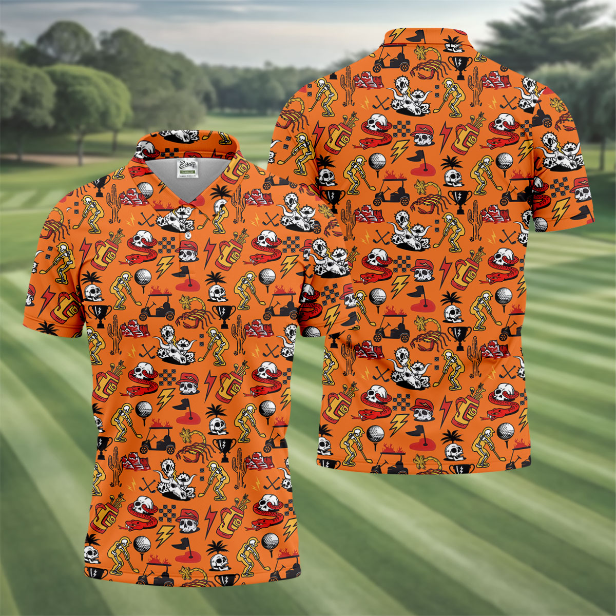 Horror Pattern Orange Halloween Golf Tops For Men, Fun Golf Shirts For Men, Halloween Gift Idea