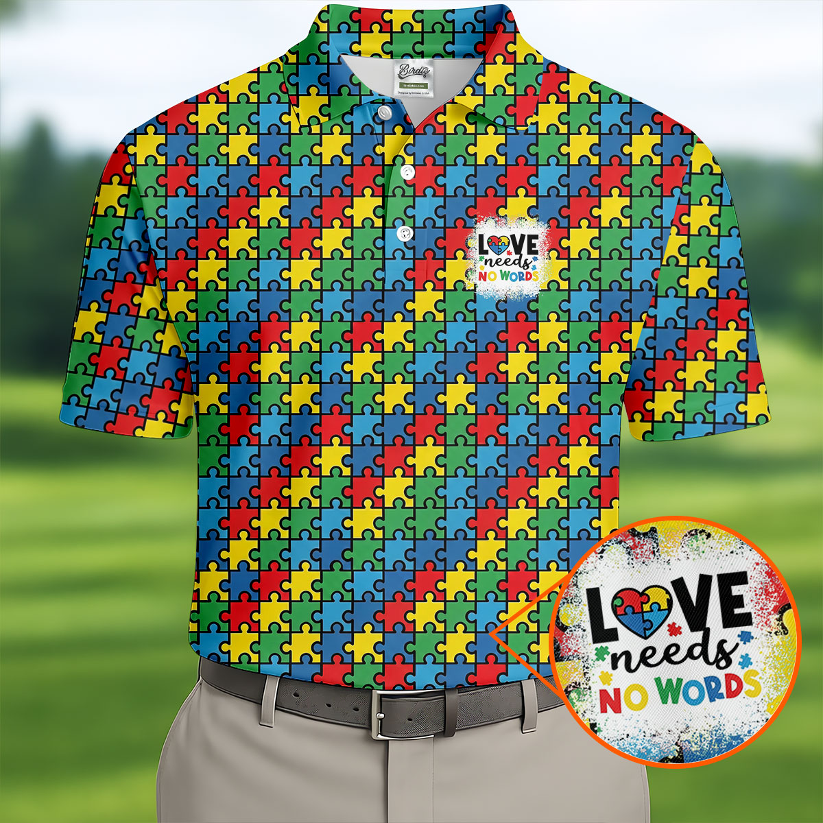 Love Needs No Words Autism Awareness Jigsaw Puzzle Pieces Men's Golf Shirt, Polo Shirt Men