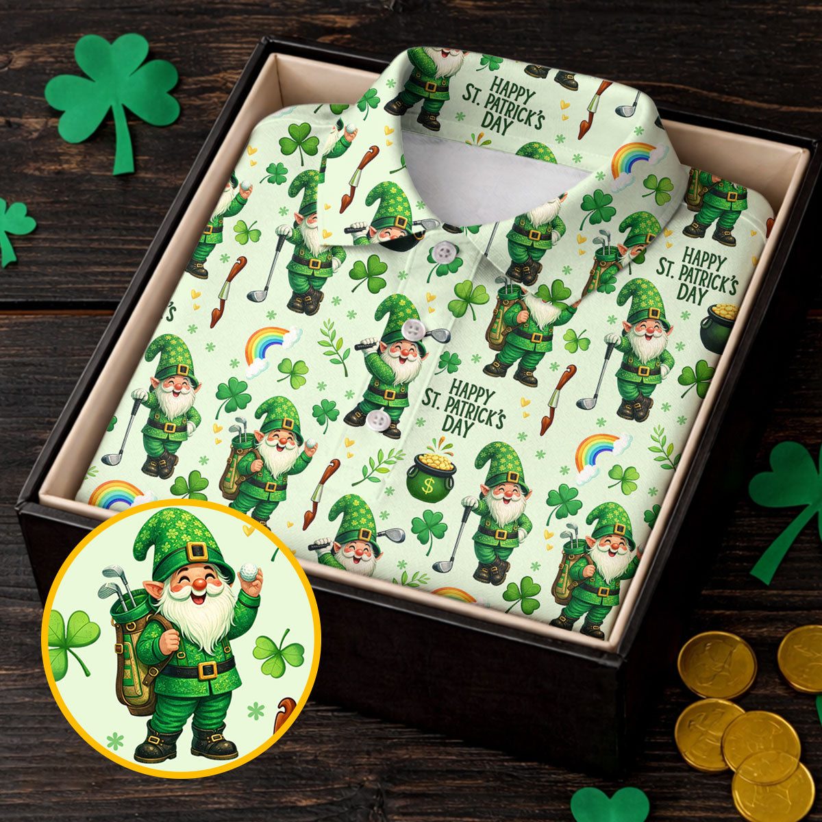 Happy St Patrick's Day Gnomes Shamrock Golf Shirt, Men's Funny Golf Shirts, Golf Shirts For Men