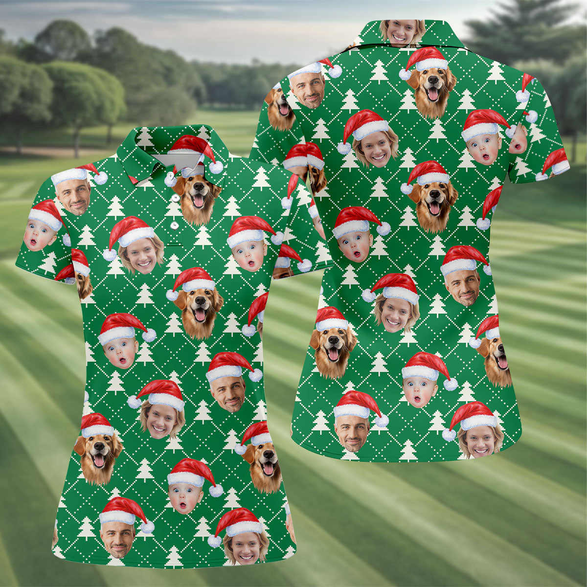 Custom Face Snow Pine Tree White Dotted Christmas Golf Shirt, Ladies Golf Shirts, Golf Gifts For Women