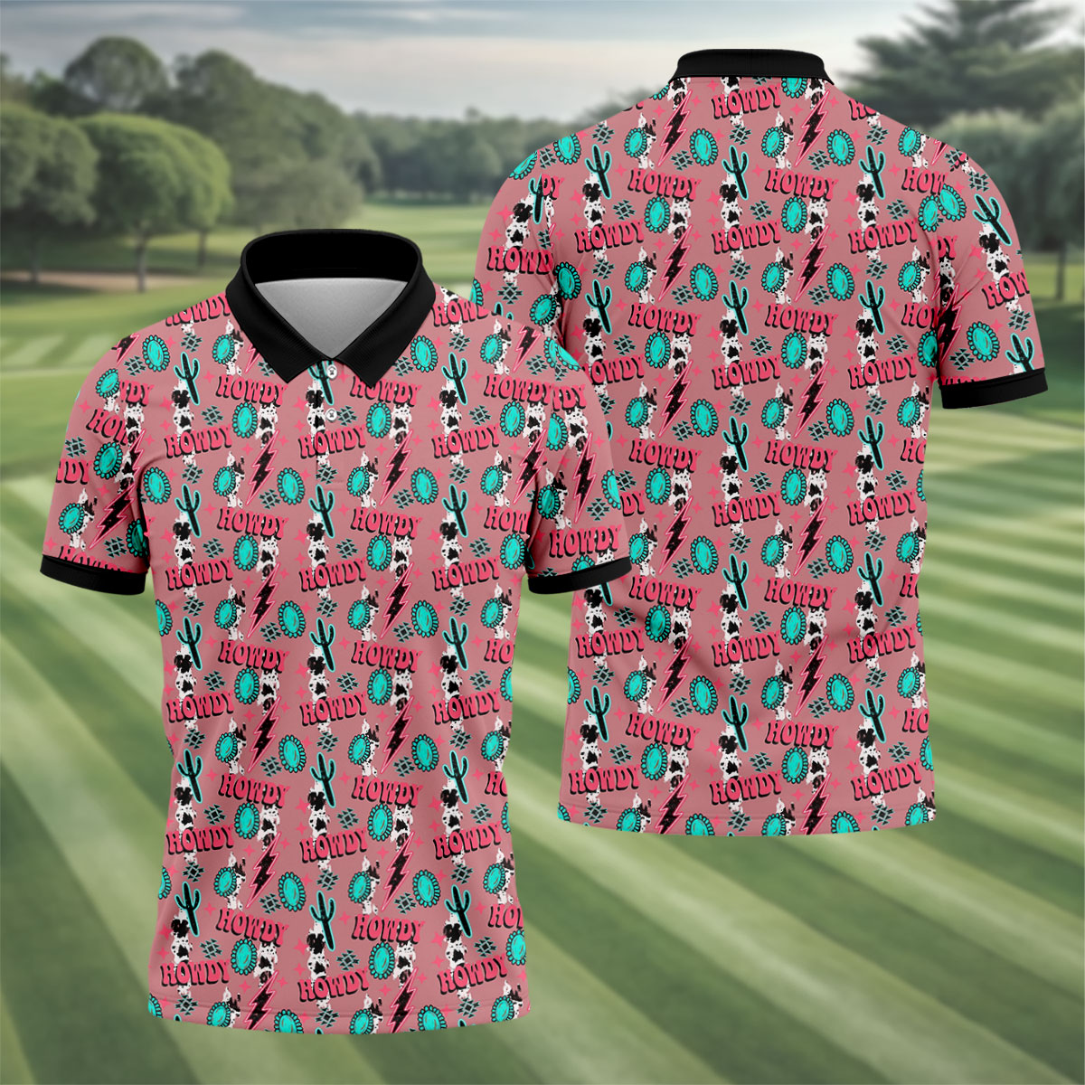 Howdy Pink Lightning Bolts Western Theme Golf Tops For Men, Polo Shirtor Men, Golf Shirts For Men