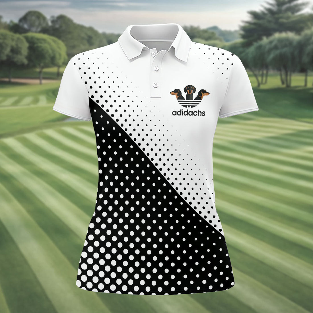 Adidachs Funny Dachshund White Golf Shirt, Fun Women's Golf Shirts, Ladies Golf Shirts