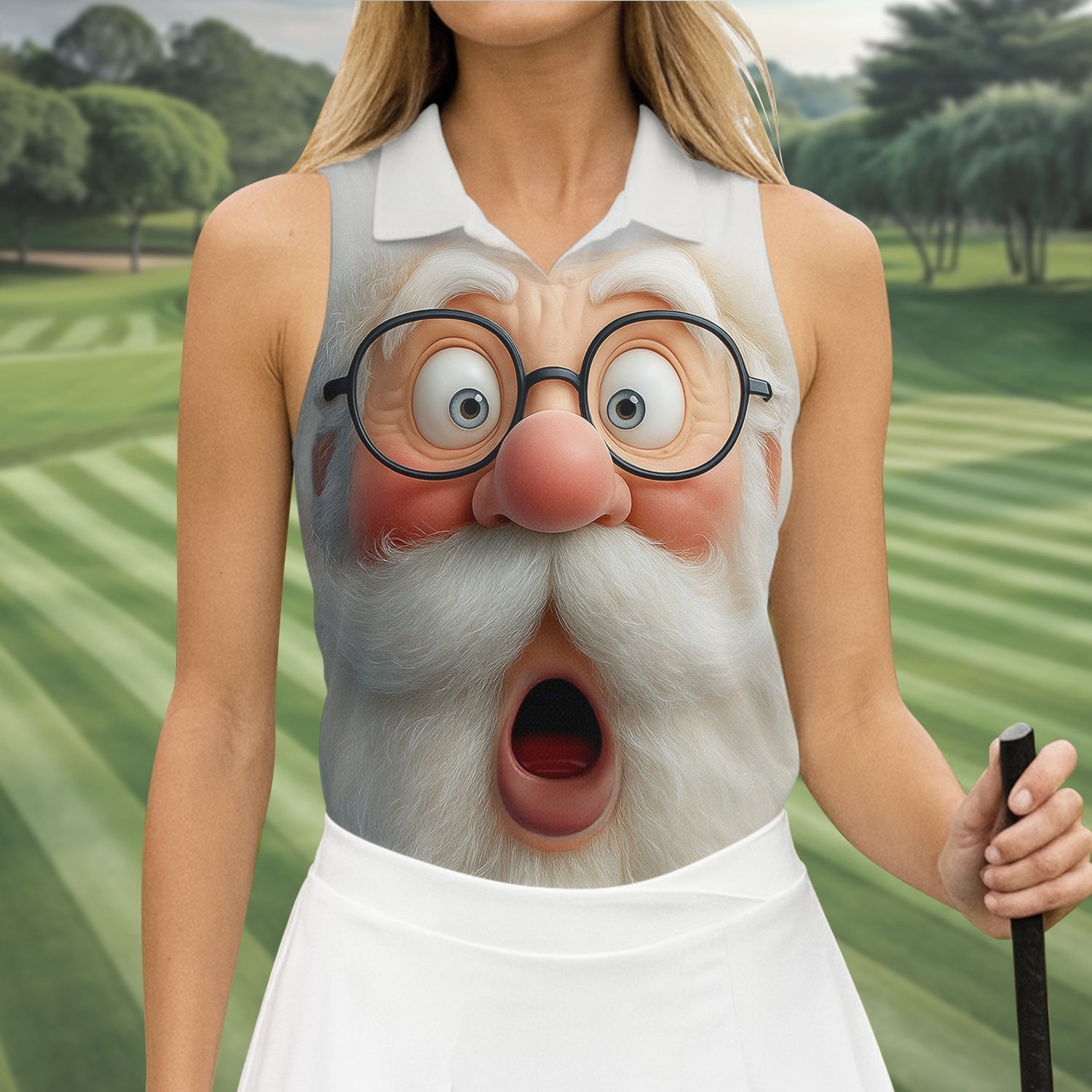 Surprised Funny Santa Claus Face Women Golf Top, Christmas Golf Shirt, Ladies Golf Tops