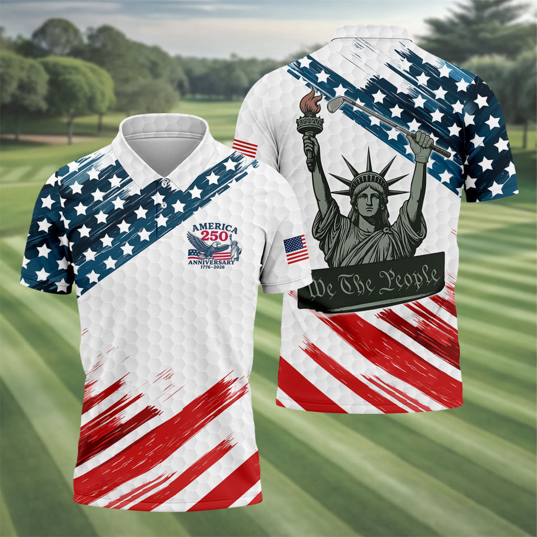 We The People Funny Statue Of Liberty US Flag Golf Shirt, 250 Years 4th Of July Golf Shirts For Men
