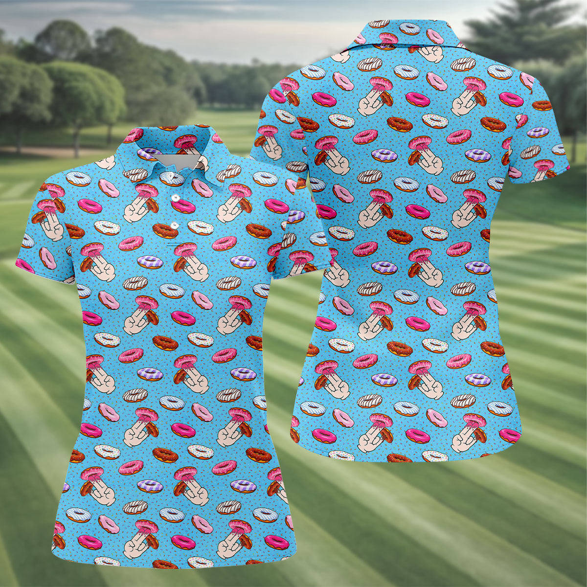 Finger Donuts Adult Humor Blue Golf Shirt, Fun Women's Golf Shirts, Women's Golf Tops, Golf Gift For Ladies