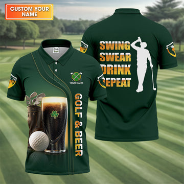 Swing Swear Drink Repeat Golf And Beer St Patrick's Day Green Golf Tops For Men, Golf Shirts For Men