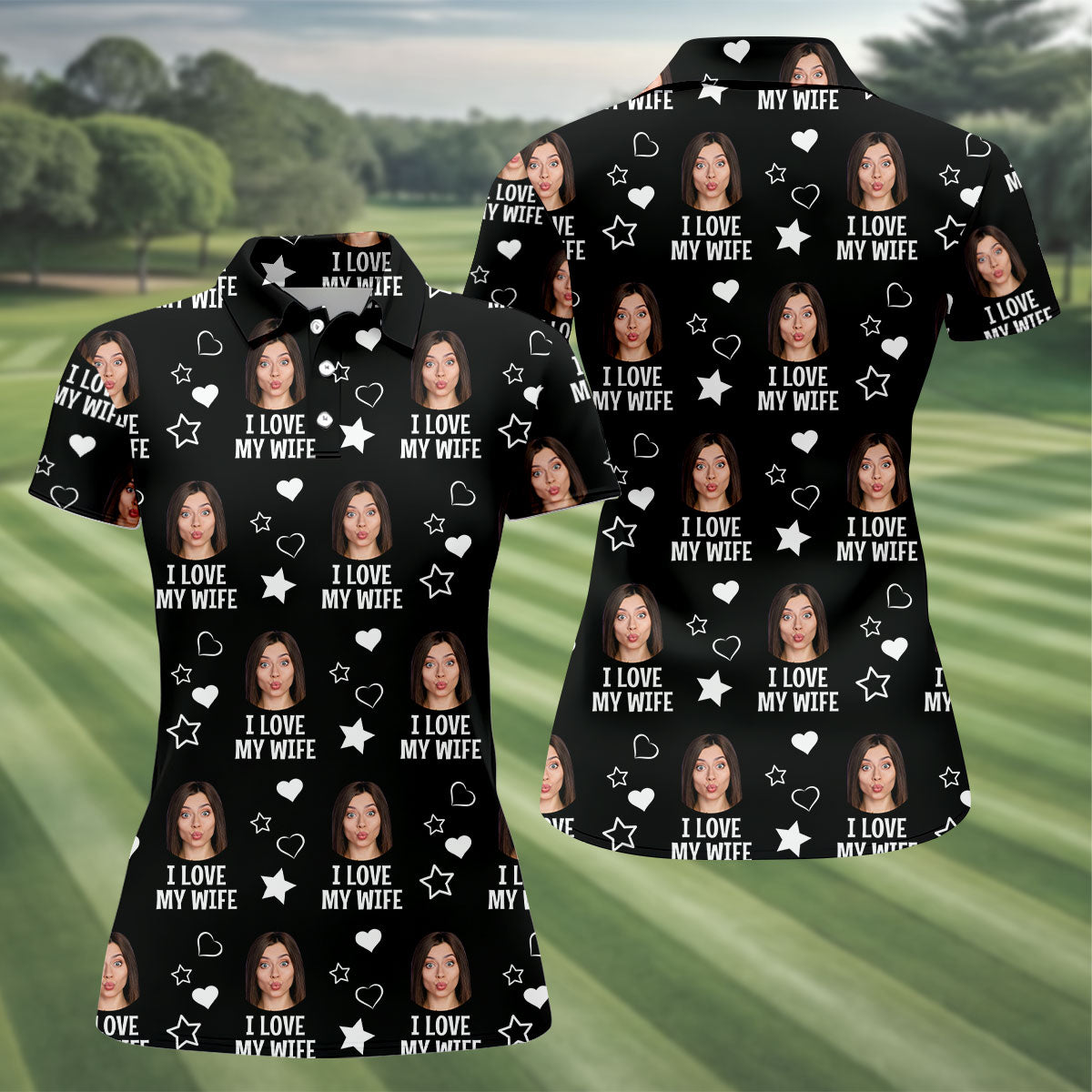 I Love My Husband Custom Face Black Golf Shirt, Fun Women's Golf Shirts, Valentines Golf Gift, Ladies Golf Shirts