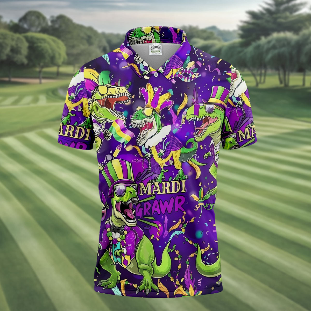 Mardi Grawr Purple Green Gold Funny Dinosaur Mardi Gras Golf Shirt, Golf Shirts For Men, Polo ShirtFor Men