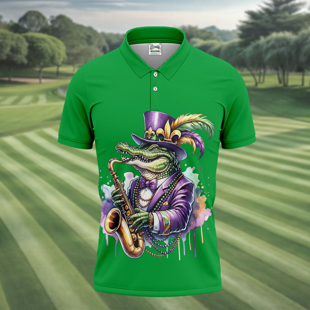 Mardi Gras Alligator Playing Saxophone Green Golf Shirt, Golf Shirts For Men, Polo ShirtFor Men
