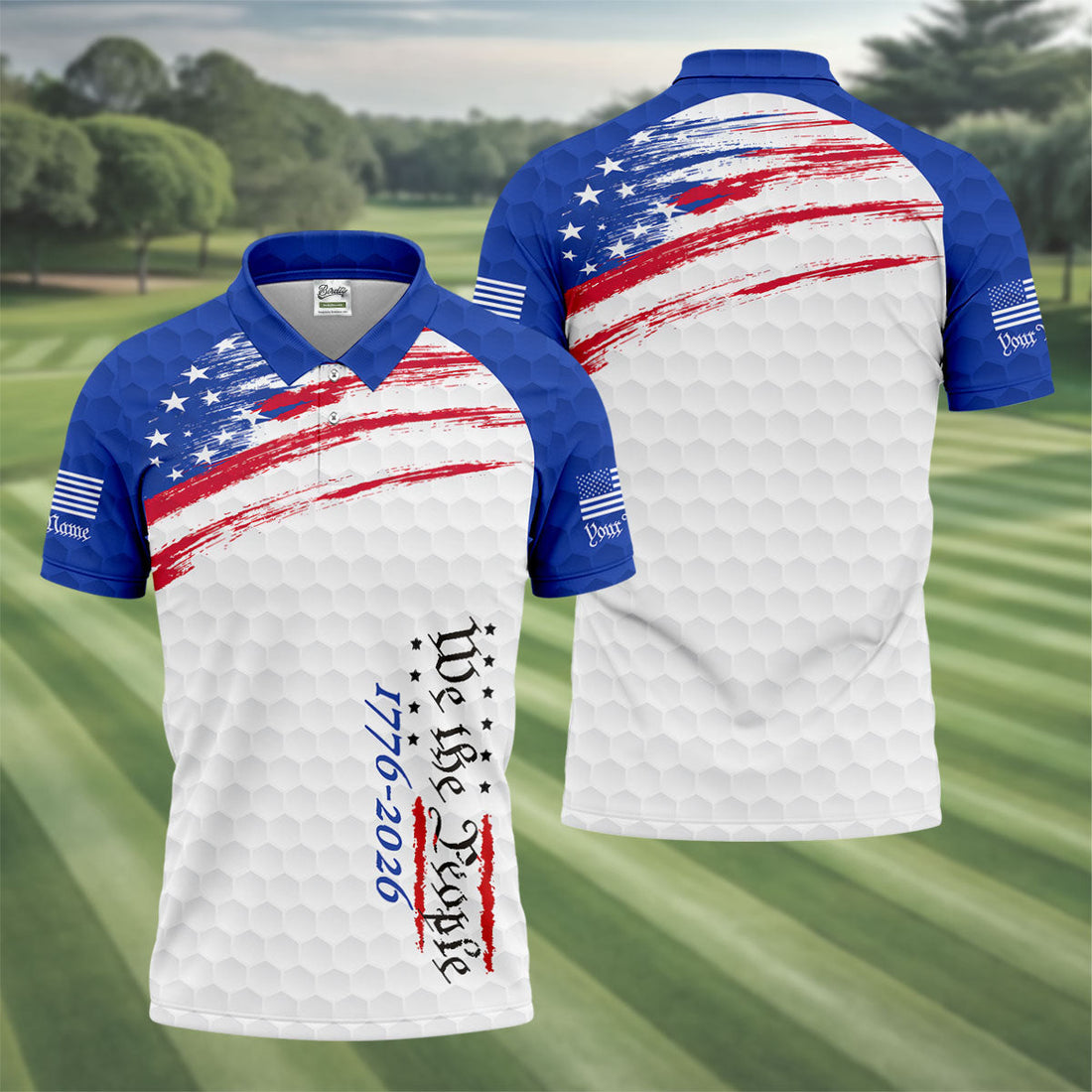 We The People 1776-2926 American Flag Brush Blue Golf Shirt, 250 Years Patriotic 4th Of July Golf Shirts For Men