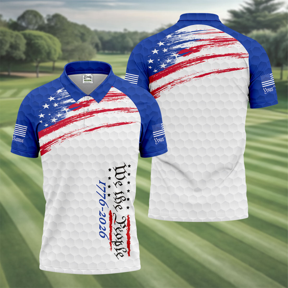 We The People 1776-2926 American Flag Brush Blue Golf Shirt, 250 Years Patriotic 4th Of July Golf Shirts For Men
