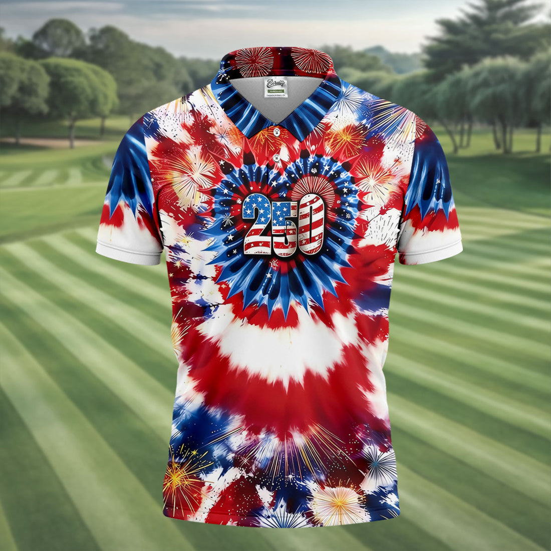 250 Years Red White Blue Tie Dye Print Patriotic Golf Shirt, 4th Of July Golf Shirts For Men