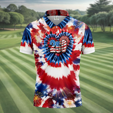 250 Years Red White Blue Tie Dye Print Patriotic Golf Shirt, 4th Of July Golf Shirts For Men