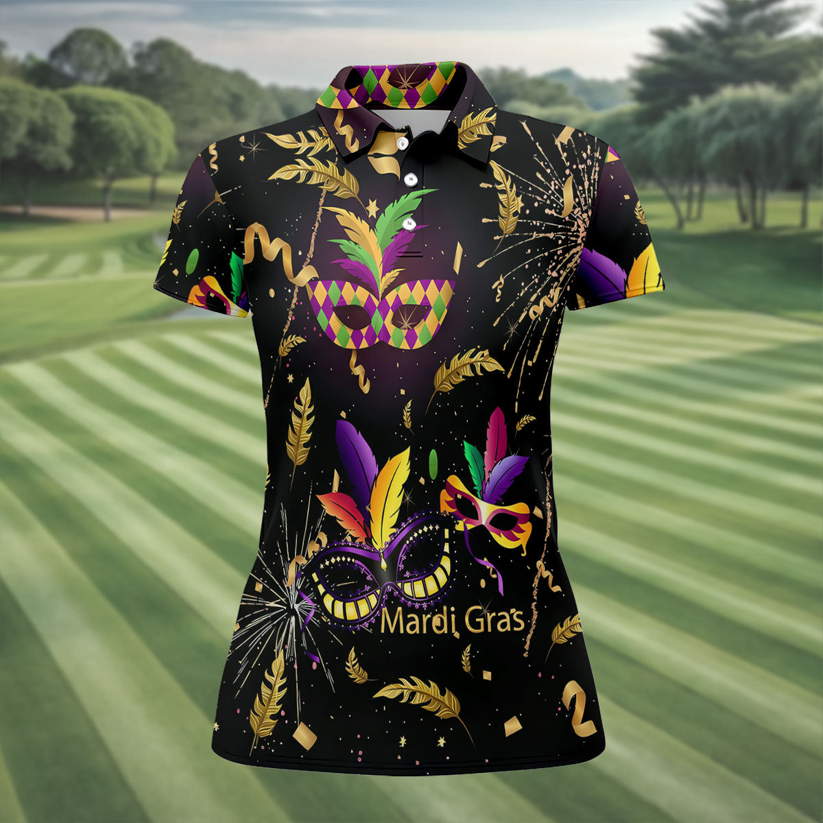 Gold Ribbons Mardi Gras Masquerade Mask Women's Golf Shirts, Women's Golf Tops, Ladies Golf Shirts
