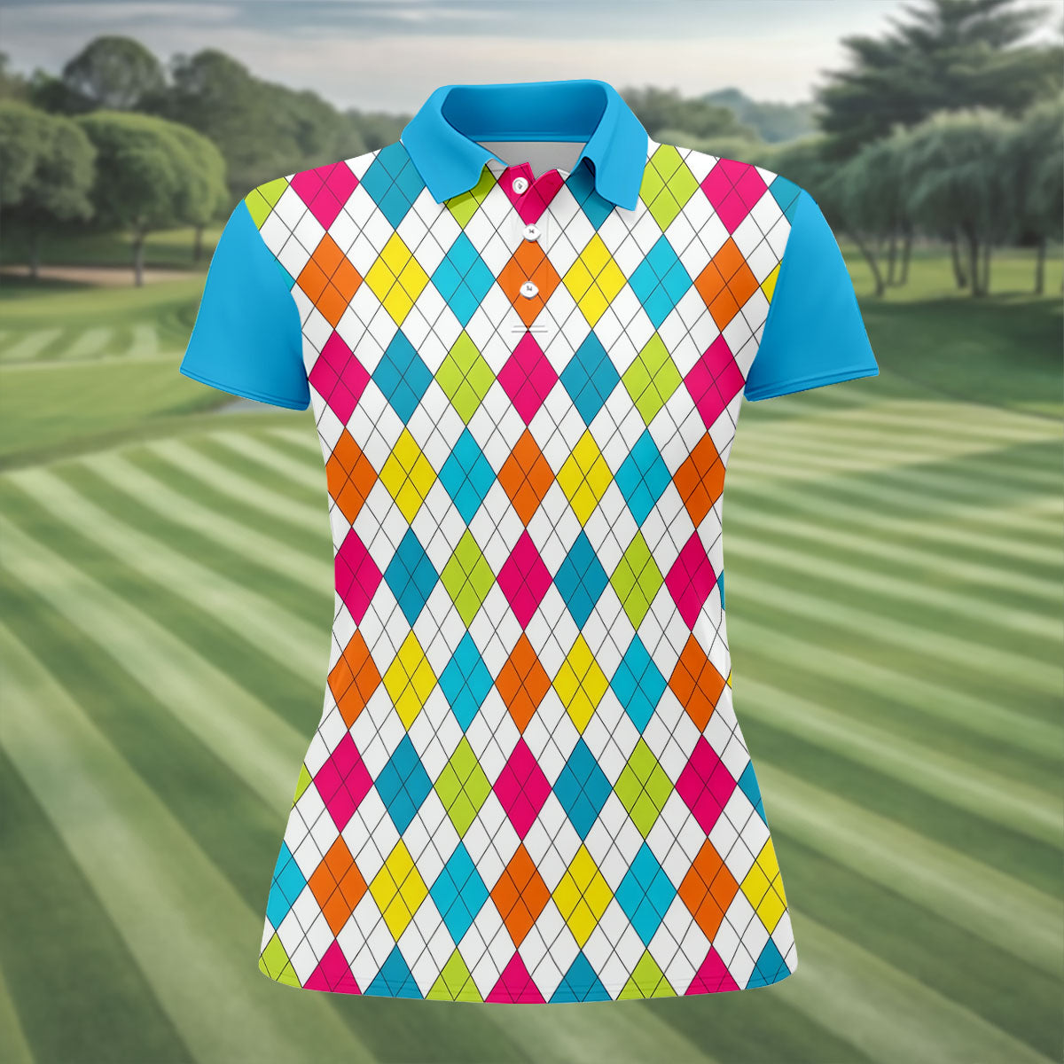 Retro Argyle Diamond Checkered Golf Shirt, Golf Polo For Women, Printed Golf Shirt