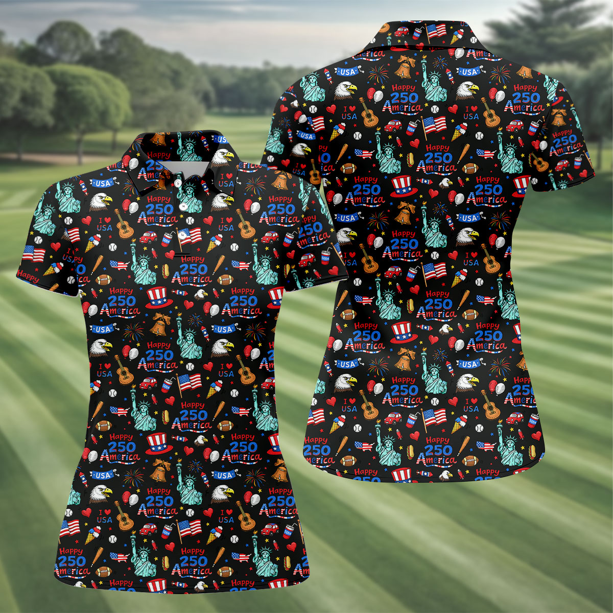 Happy 250 America Independence Celebration Black Golf Shirt, Patriotic 4th Of July Golf Shirt For Women