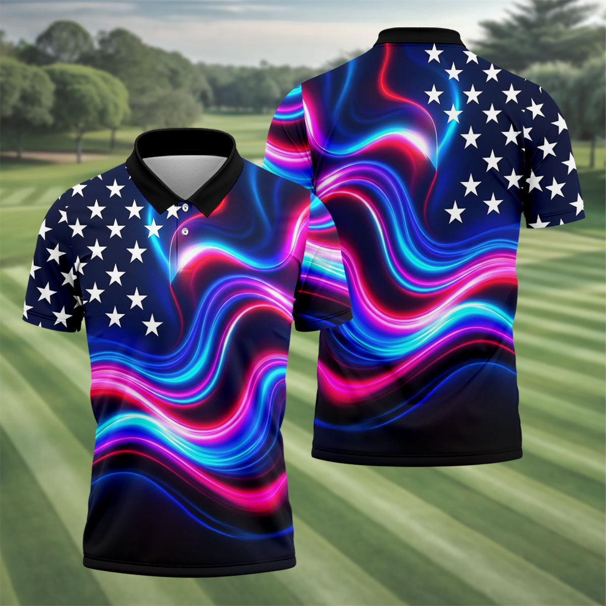 Star Pattern Neon Color Wavy Stripes 250th Anniversary, Patriotic 4th Of July Golf Shirts For Men