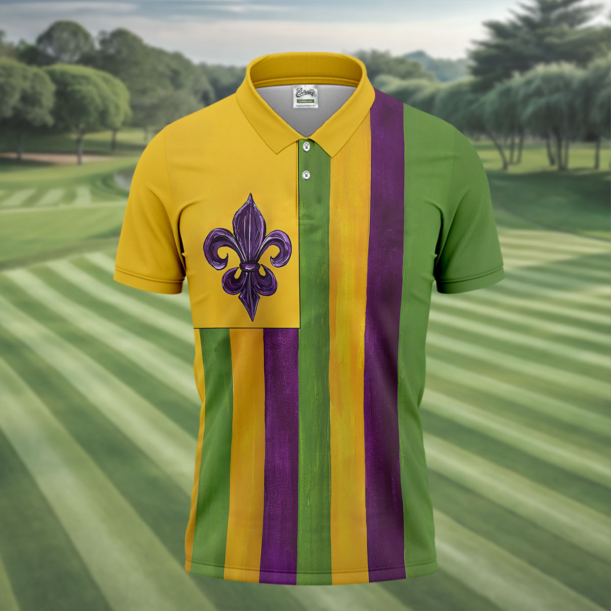 Purple Green Gold Vertical Stripes Fleur De Lis Flower Mardi Gras Golf Shirt, Polo ShirtFor Men, Golf Shirts For Men