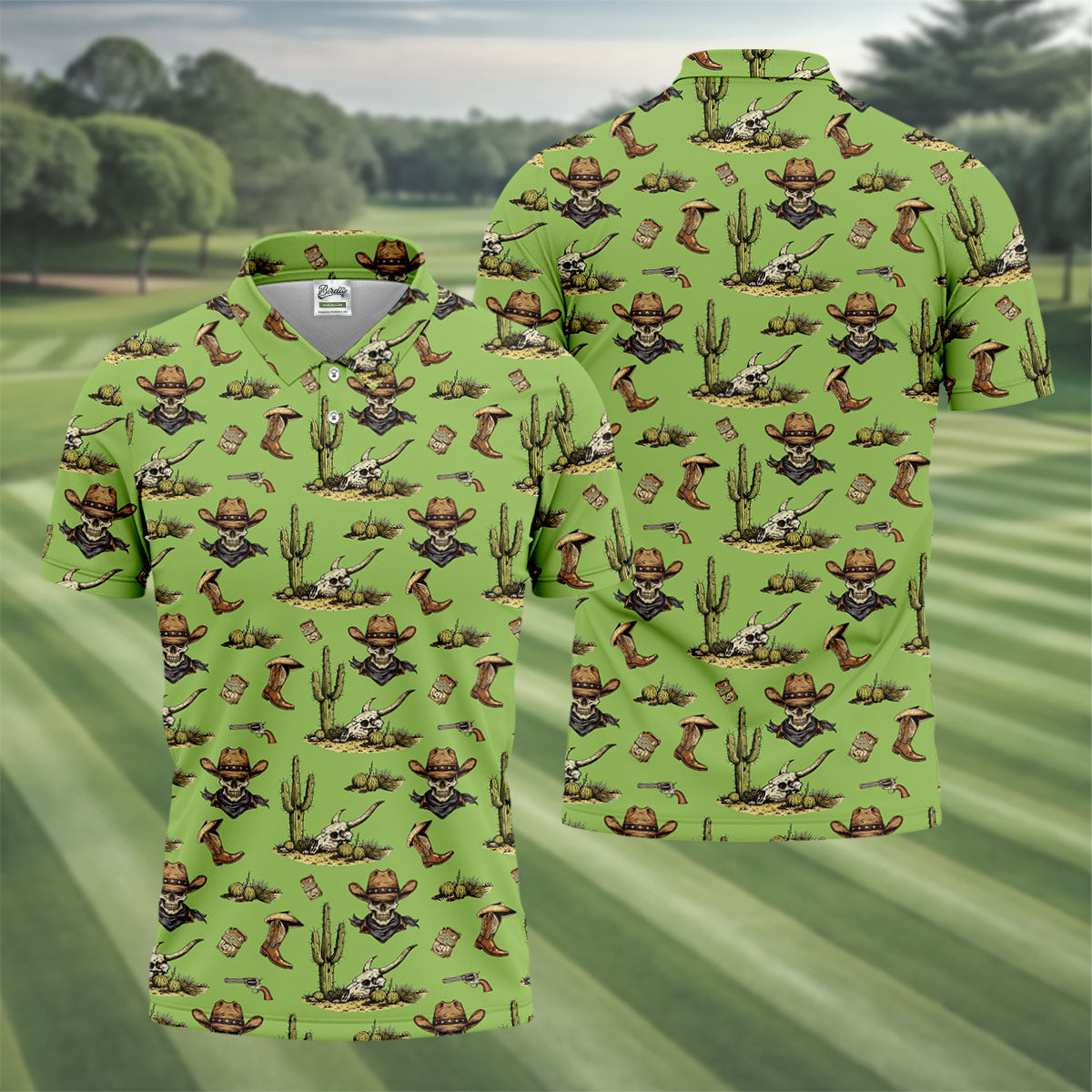 Cowboy Skeleton Longhorn Cow Skull Western Theme Sage Green Golf Tops For Men, Golf Shirts For Men