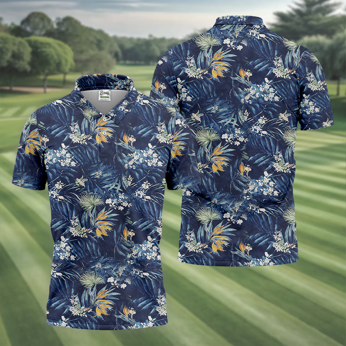 Navy Palm Tropical Hawaiian Vibe Golf Tops For Men, Golf Shirts For Men, Golf Gift For Men