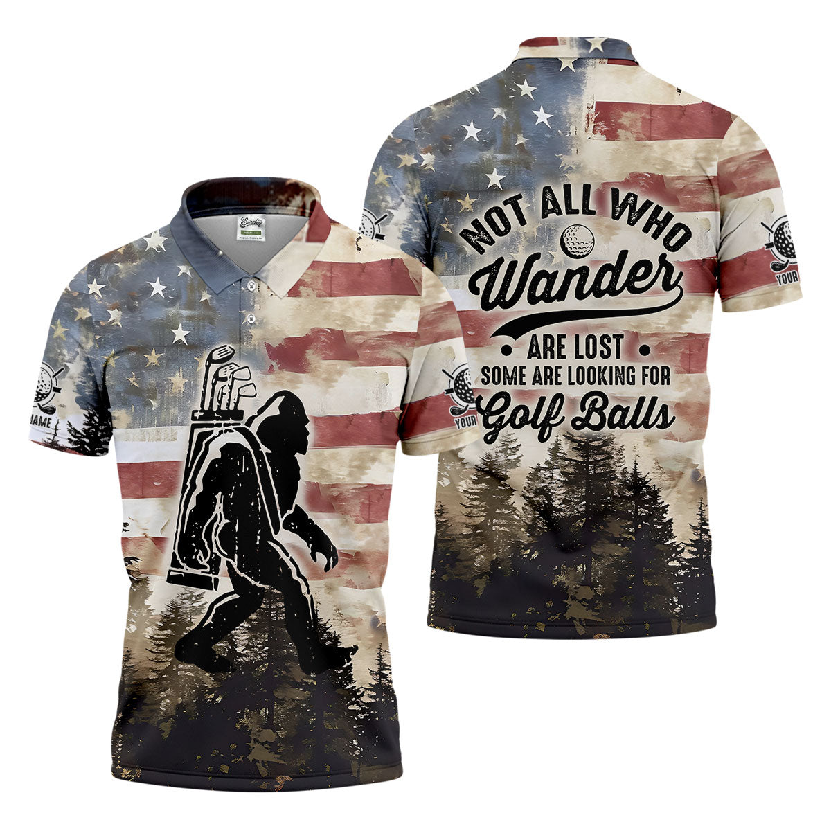 Patriotic Golf Polo Shirt Bigfoot Golf Shirt, Men's Long Seeve Golf Shirts, Golf Gifts For Men