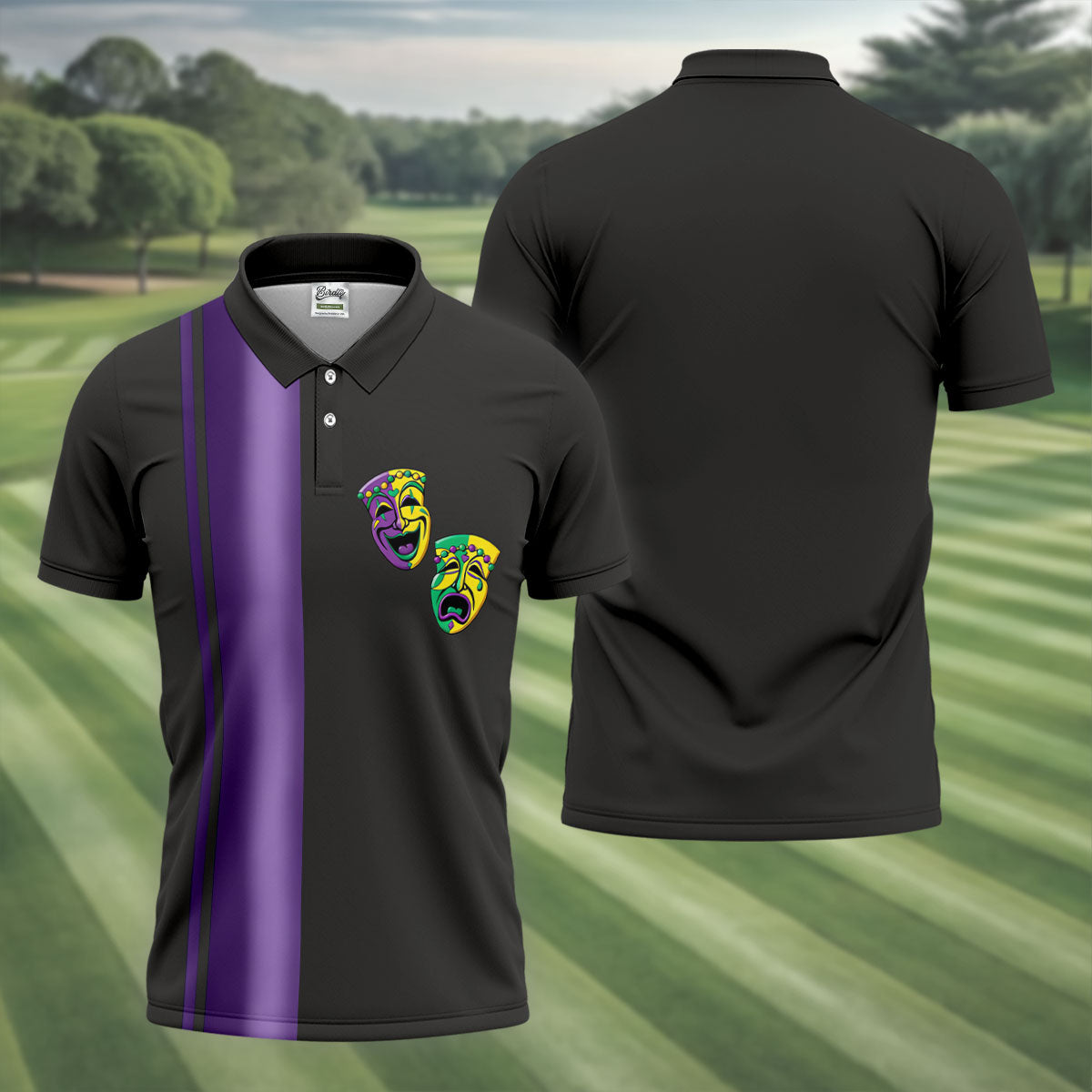 Melpomene And Thalia Theatrical Masks Purple Stripe Mardi Gras Golf Shirt, Polo ShirtFor Men, Golf Shirts For Men