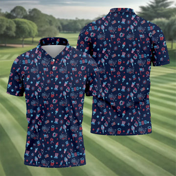 250th Anniversary Doodle Style Neon Pattern Golf Tops For Men, Patriotic 4th Of July Golf Shirts For Men