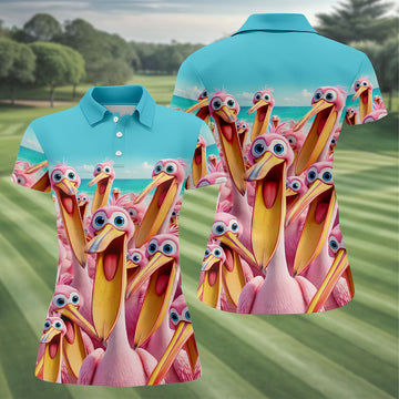 Funny Pink Pelican Beach Crowd Golf Shirt, Women's Golf Shirt, Hawaiian Golf Shirt, Golf Polo For Women