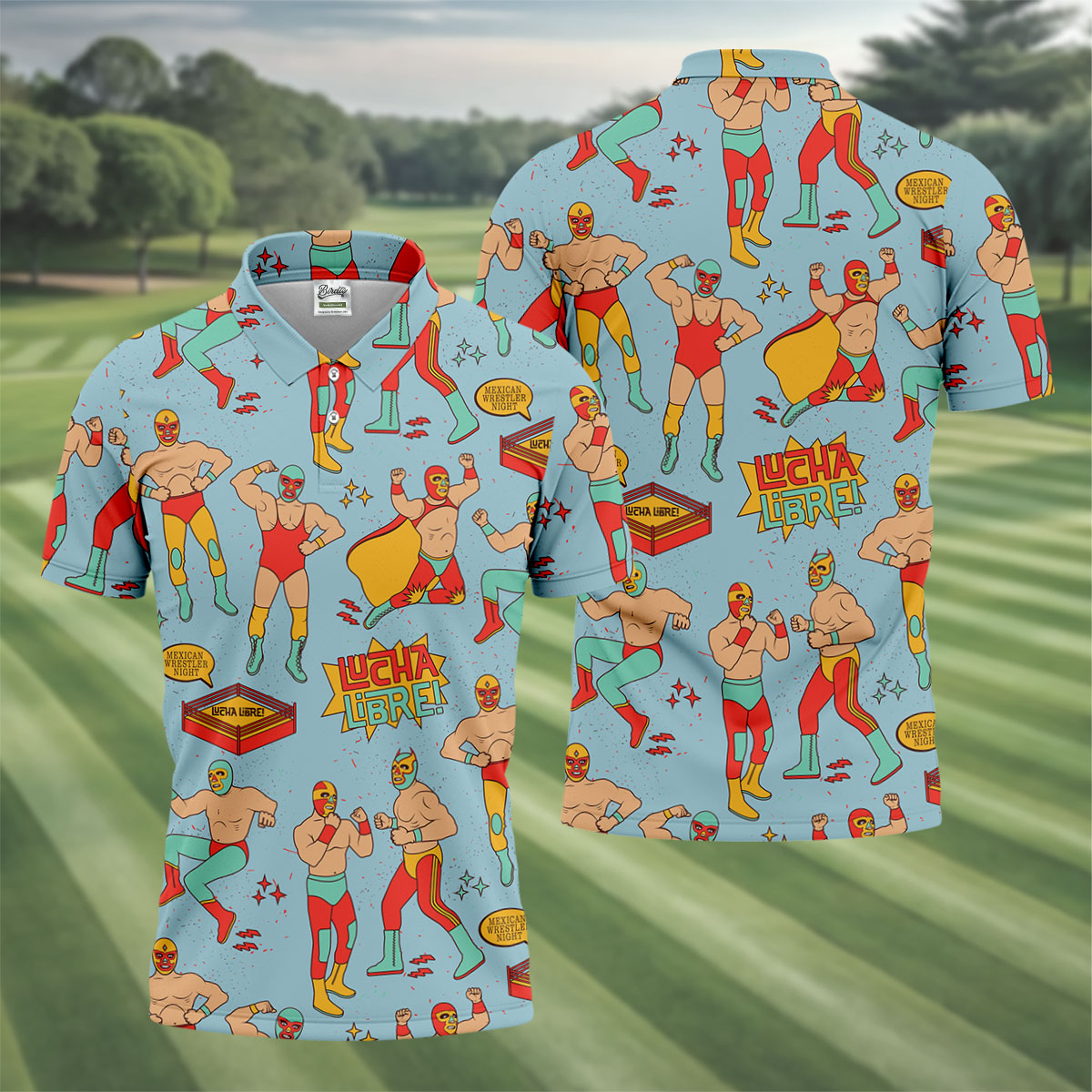 Blue Lucha Libre Mexican Wrestler Pattern Golf Shirt, Polo Shirts For Men, Golf Apparel For Men