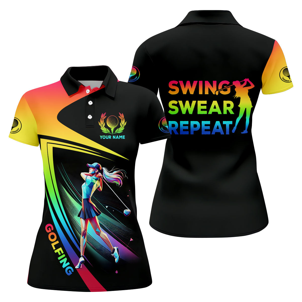 Swing Swear Repeat Personalized Funny Golf Polo ShirtCustom Ladies Golf Shirt