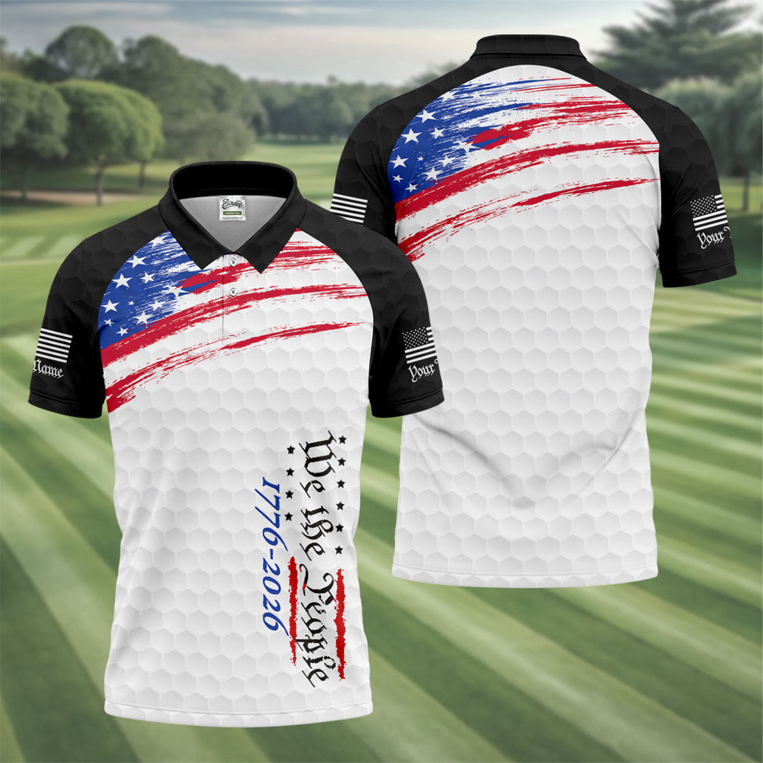 We The People 1776-2926 American Flag Brush Black Golf Shirt, 250 Years Patriotic 4th Of July Golf Shirts For Men