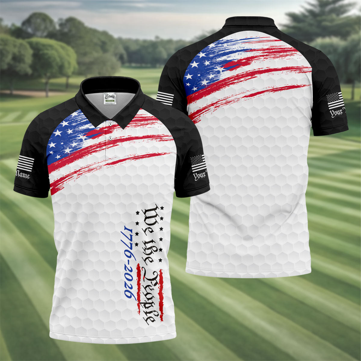 We The People 1776-2926 American Flag Brush Black Golf Shirt, 250 Years Patriotic 4th Of July Golf Shirts For Men