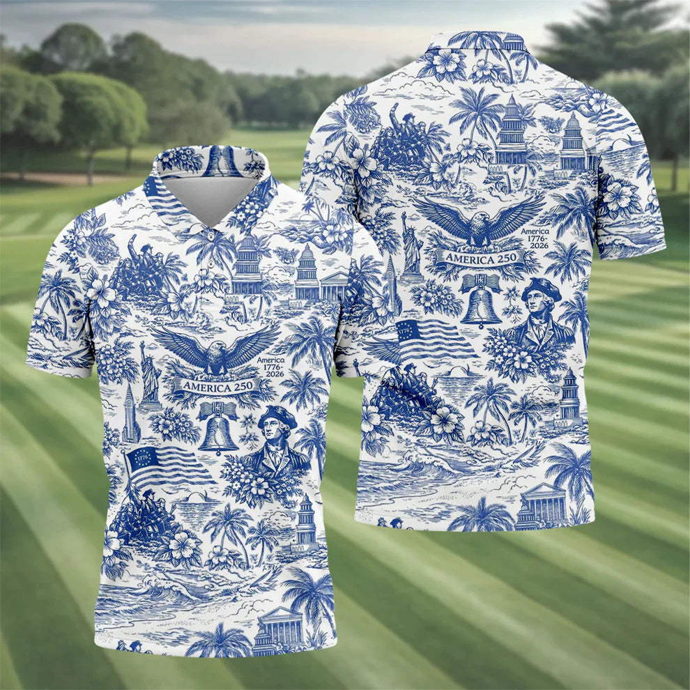 250 Years Of America Tropical Vibe Vintage Golf Polo Shirt, Patriotic 4th Of July Golf Shirts For Men